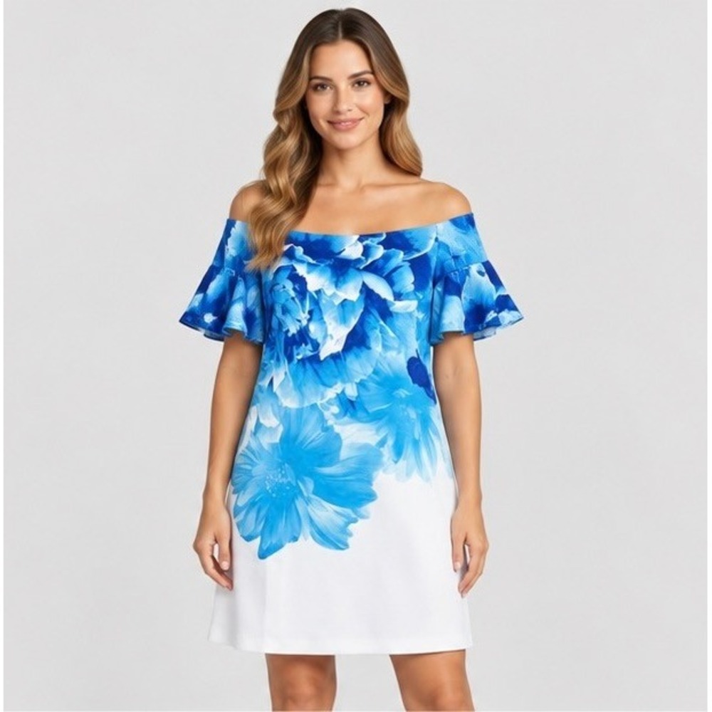Donna Rico Womens 14 Blue White Floral Sheath Dress Bell Sleeve Boho DR50085BP
